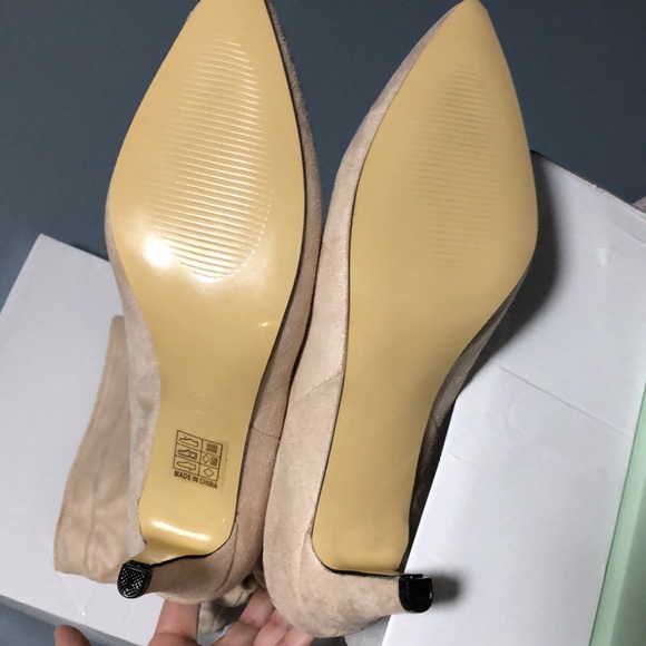 Cream colored High heel faux suede mid calf boots - Picture 3 of 6